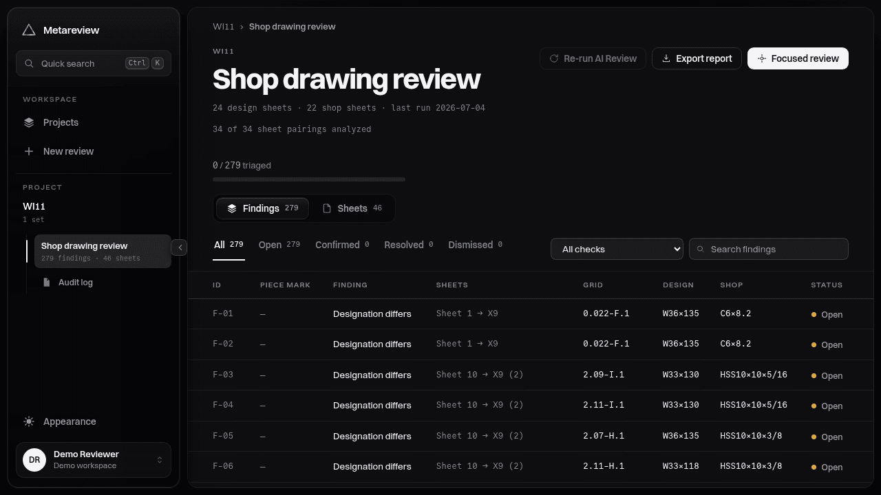 Metareview findings — shop drawing review on the WI11 project