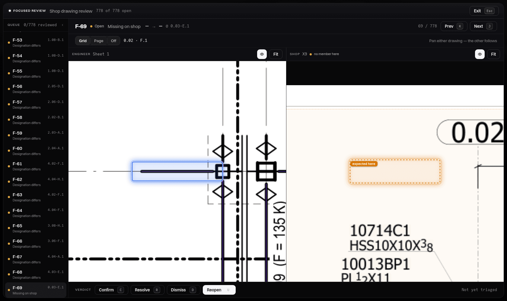 Metareview focused review — engineer and shop drawings side by side, a missing beam flagged